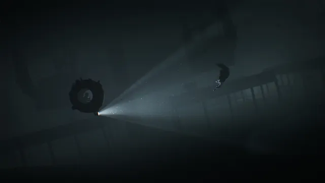 A submersible with a searchlight scans dark water for the swimming boy