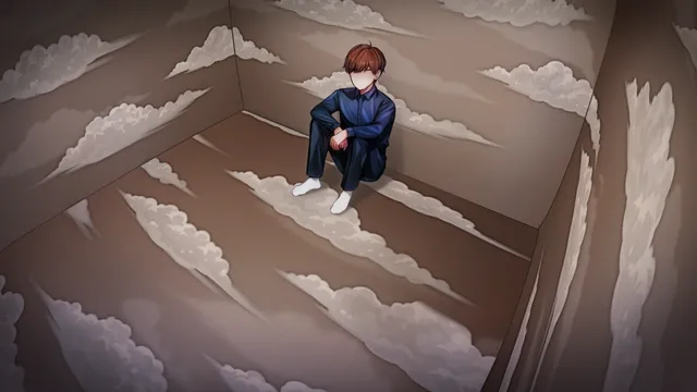 Myrddin sits hunched in the corner of his room as its walls tilt and warp
