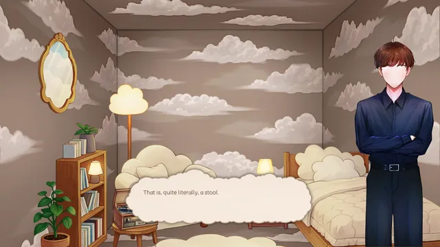 Interact With Me!: faceless Myrddin stands in his cosy cloud-papered room with a bed, bookcase and lamp, a speech bubble reading 'That is, quite literally, a stool.'