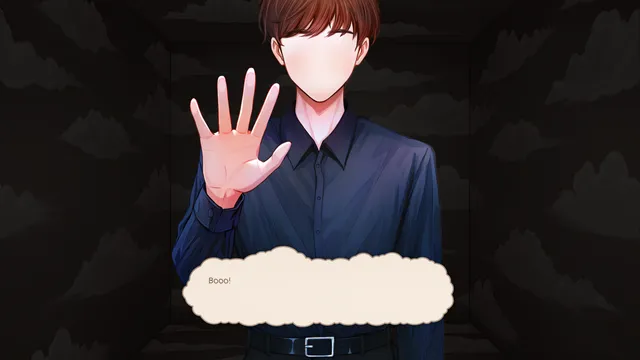 Myrddin raises a hand close to the screen in a darkened room, saying 'Booo!'