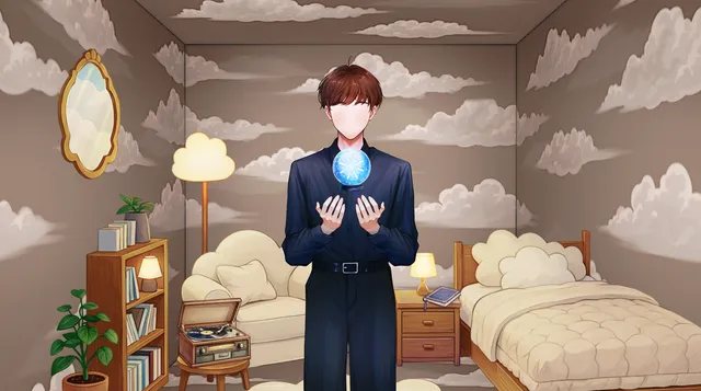 Myrddin holds a glowing blue orb in his cupped hands in front of his bed