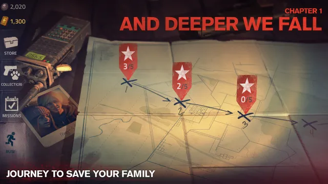 Into the Dead 2 screenshot: the Chapter 1 map, And Deeper We Fall, with stages marked by red pins