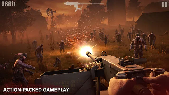 Into the Dead 2 screenshot: firing a mounted machine gun at a horde of zombies crossing a farm field at sunset