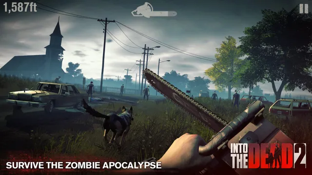 Into the Dead 2 screenshot: a first-person view holding a chainsaw in a field at dusk, a dog running ahead and zombies walking toward a church