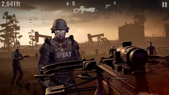 Into the Dead 2 screenshot: a zombie in SWAT armour walks toward the player's crossbow among oil pumps