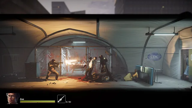 A survivor shoots into a group of zombies inside a blood-spattered CDC tent
