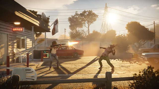 A survivor fires a rifle at a zombie staggering across a sunlit Texas motel parking lot