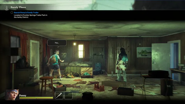 A survivor searches a run-down trailer while a bloodied zombie stands in the green-lit room