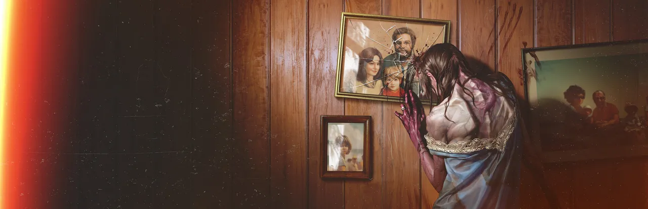 Into the Dead: Our Darkest Days key art: a zombie woman in a torn nightgown leans against a wood-panelled wall beside cracked family photographs