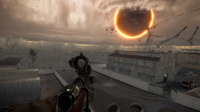 Into the Radius screenshot: a rifle aimed from a rooftop over factory buildings, with a burning black ring in the sky