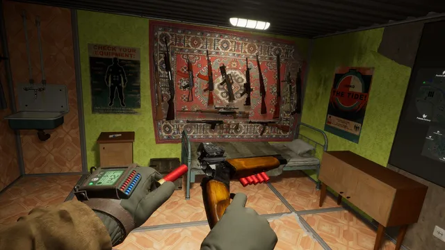 Into the Radius screenshot: loading shotgun shells in the base room, with rifles hung on a rug on the wall