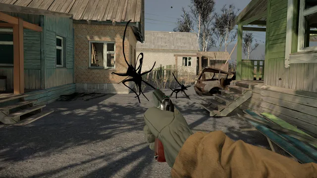 Into the Radius screenshot: aiming a pistol at black, spindly shadow creatures in an abandoned village yard