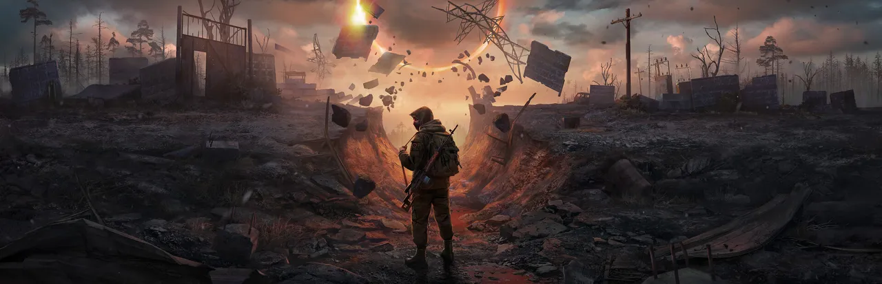 Into the Radius key art: a lone soldier with a rifle stands in a ruined zone under a glowing anomaly and floating debris