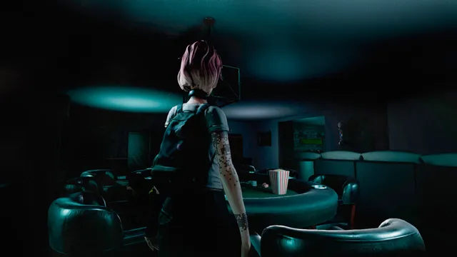 Intruders: Hide and Seek: a pink-haired intruder seen from behind in a dark games room