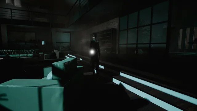 Intruders: Hide and Seek: a man in a dark suit with a flashlight searches a dim modern living room at night
