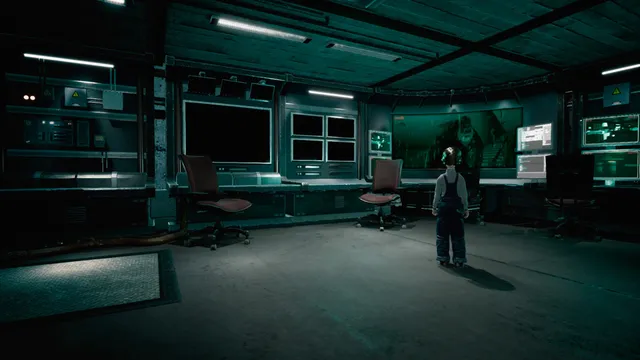 Intruders: Hide and Seek: a small boy stands before a wall of monitors in a hidden control room