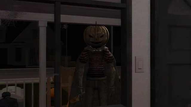 Invasion of The Halloween Fiends screenshot: a figure with a carved pumpkin head and a striped sweater waits at the front door