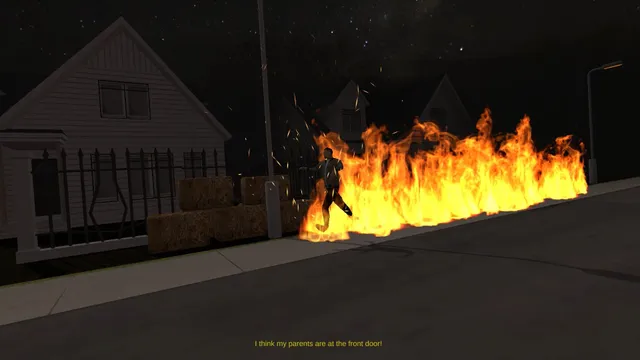 Invasion of The Halloween Fiends screenshot: a person runs through a wall of fire on the sidewalk in front of a house at night