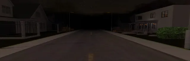Invasion of The Halloween Fiends art: an empty suburban street at night between dark wooden houses