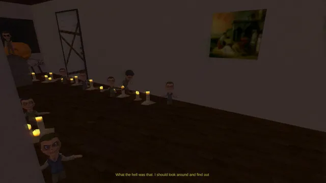 Invasion of The Halloween Fiends screenshot: a dim room with rows of small dolls and candles on the floor