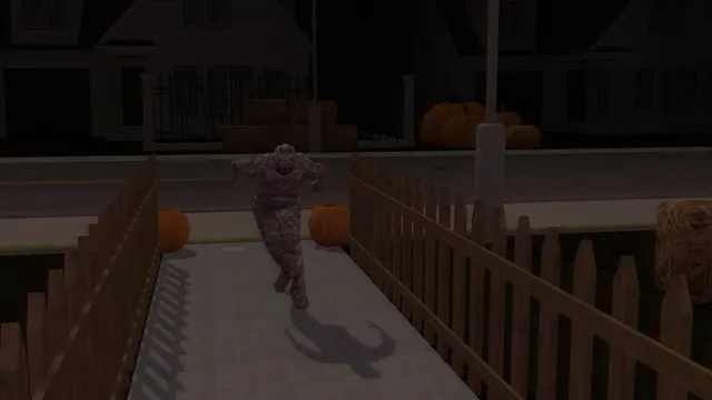 Invasion of The Halloween Fiends screenshot: a ragged, bandaged figure runs up a fenced path between pumpkins toward the house