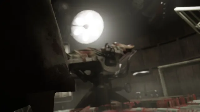 InVein screenshot: the blood-stained white coat of a figure fills the foreground beside an operating table under a bright surgical lamp in a dark theatre
