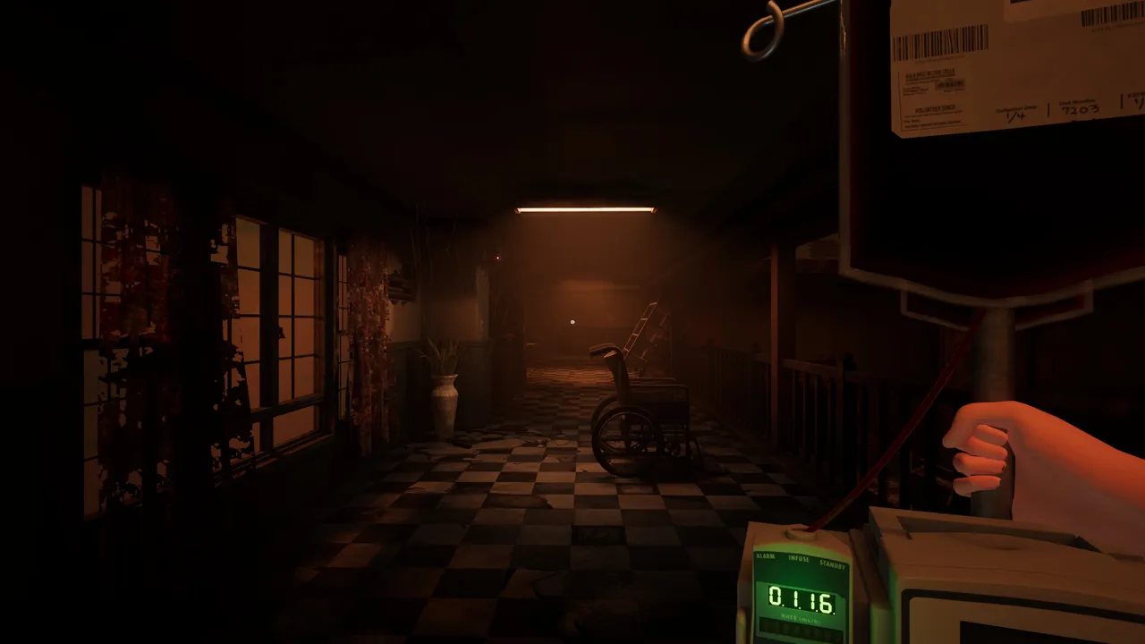 InVein screenshot: first-person view gripping an IV stand with a blood bag and a glowing pump, facing a dim checkered hospital corridor with an empty wheelchair