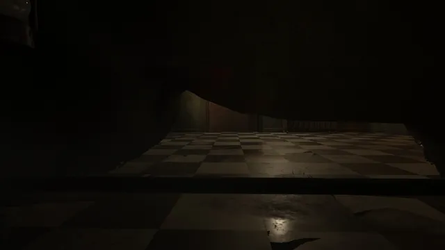 InVein screenshot: a view from hiding under a sheet-covered bed, looking out across a dark checkered hospital floor