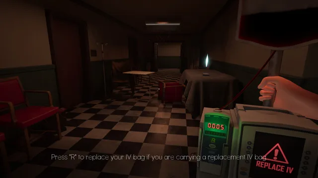 InVein screenshot: the IV pump flashes a red Replace IV warning in a hospital waiting area, with a prompt to press R to replace the bag