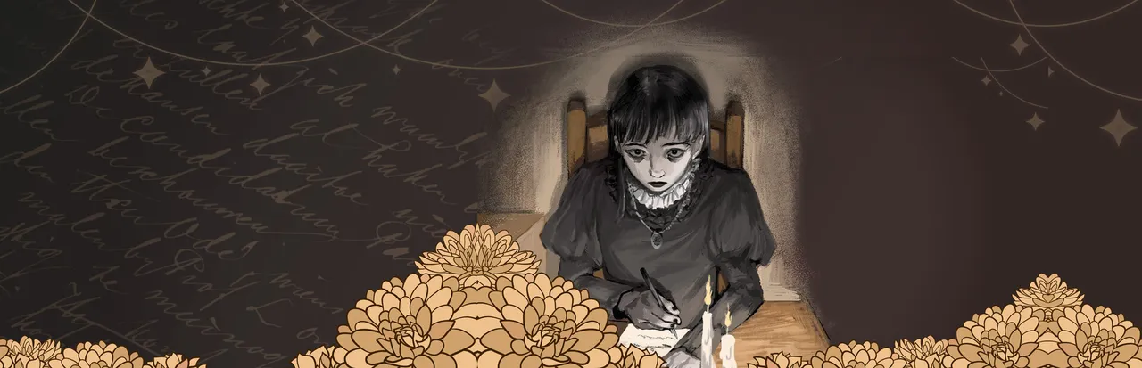 Inversed key art: Sheol, a pale dark-haired woman in a black dress, writes at a candlelit desk among golden dahlias, handwritten script behind her