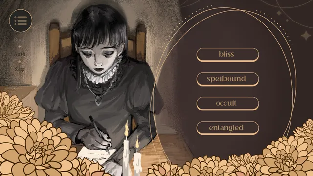 Inversed: Sheol writing with a quill while four word choices wait, bliss, spellbound, occult and entangled
