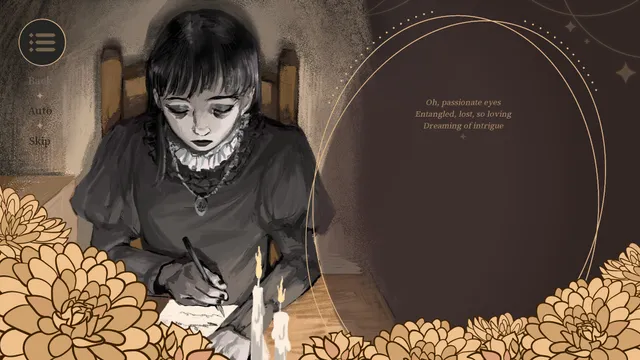 Inversed: Sheol writing by two candles beside a finished verse about passionate eyes, entangled and lost