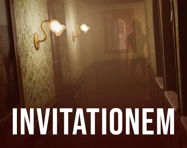 INVITATIONEM cover: a dim wallpapered hallway lit by wall lamps, a portrait at its end, with the title in white letters