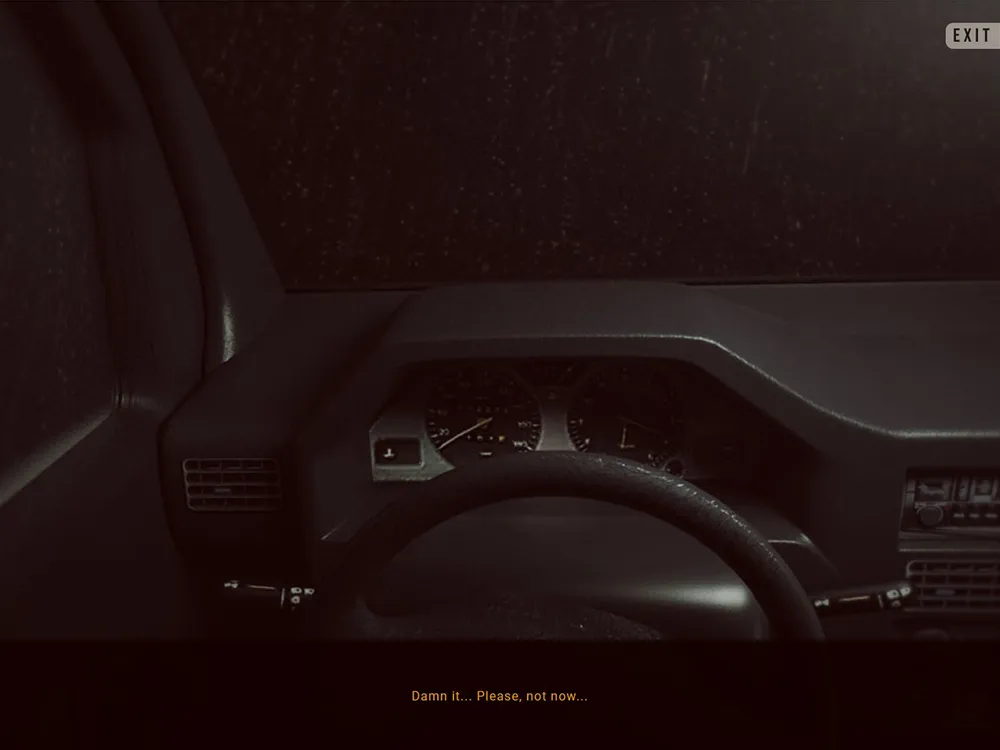 INVITATIONEM screenshot: the dark dashboard of the broken-down car in the rain, with the line Damn it, please, not now