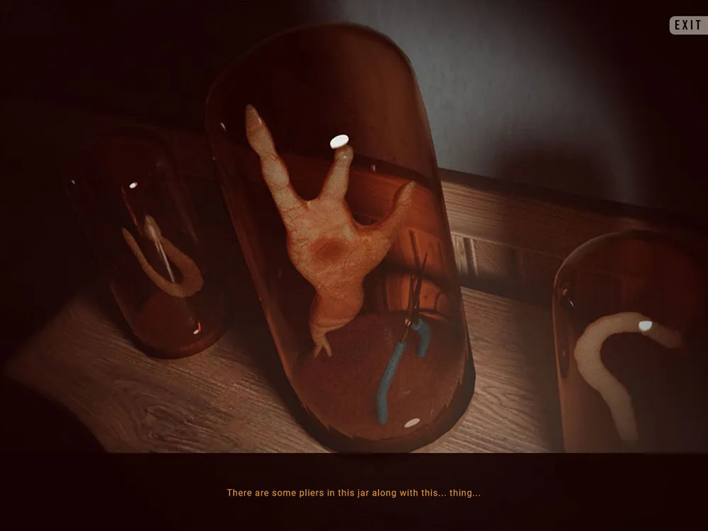 INVITATIONEM screenshot: glass jars on a shelf holding a severed hand and other remains, with pliers inside one