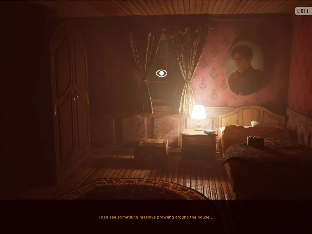 INVITATIONEM screenshot: a bedroom lit by a small lamp, a portrait over the bed and the caption I can see something massive prowling around the house