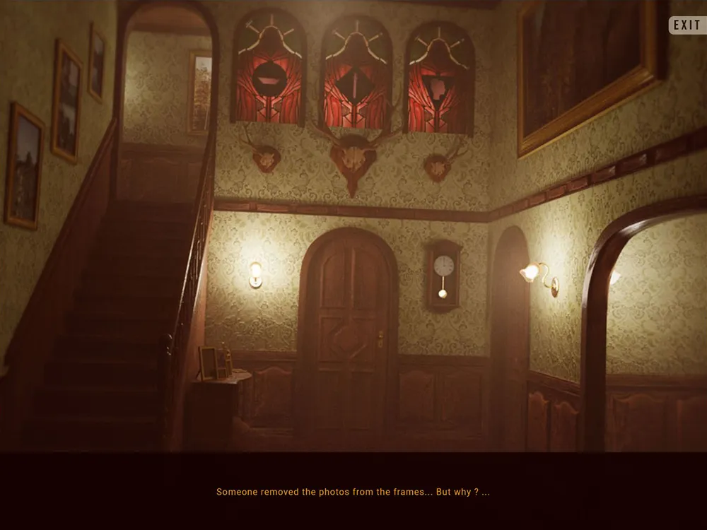 INVITATIONEM screenshot: the house's entrance hall with a staircase, antler trophies and arched doors in lamplight