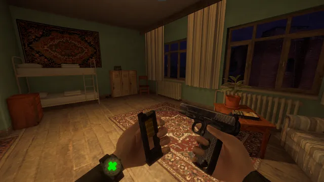The player's hands hold a pistol and its magazine in a dim room with a patterned rug and bunk bed