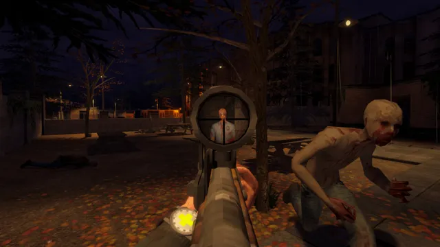First-person view aiming a scoped rifle at a figure in a dark, leaf-strewn courtyard while a bloodied, pale creature lunges in from the right