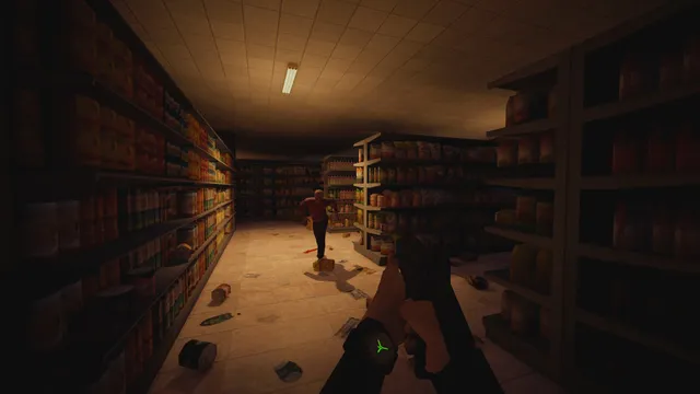 A figure walks toward the player between tall shelves in a dim library, the player's pistol raised
