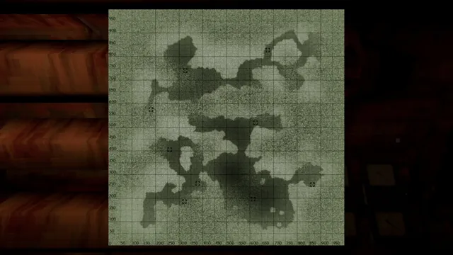 Iron Lung screenshot: a gridded map of the trench with marked sites to photograph