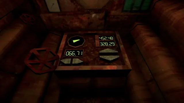 Iron Lung screenshot: the navigation console with green digital coordinate readouts and a valve wheel