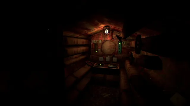 Iron Lung screenshot: the cramped, rusted cabin of the submarine lit by one red lamp, with a depth gauge and a sealed porthole