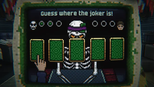 The old computer screen shows a pixel skeleton dealing five green cards under the words Guess where the joker is
