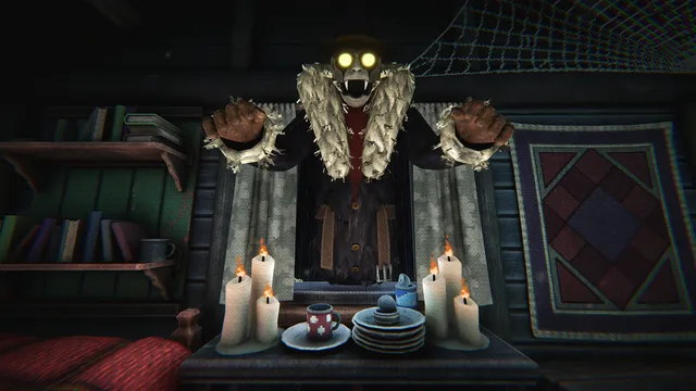 The shack's owner, a fanged creature in a fur-trimmed coat, stands by candles on a table inside the cabin