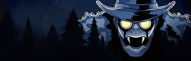 Is this Game Trying to Kill Me? key art: a grinning fanged figure in a wide-brimmed hat with glowing yellow eyes above a dark pine forest