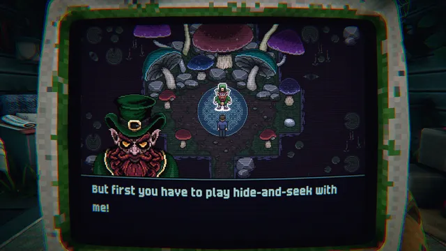 On the computer screen a goblin in a green hat says you must first play hide-and-seek with him