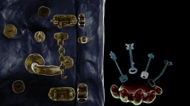 Isolomus screenshot: a clay door covered in locks and chains, with a clay hand holding out four keys