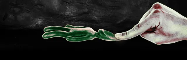 Isolomus key art: a green plasticine hand reaching toward a pale human finger against black