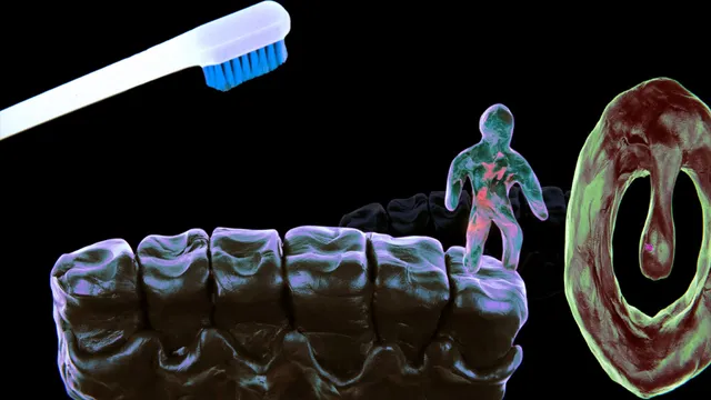 Isolomus screenshot: a small clay figure walking along a row of giant clay teeth beside a toothbrush